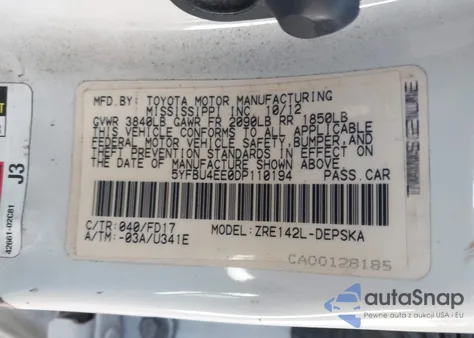 2013 Toyota Corolla S/Le z USA, uszkodzony, nr VIN 5YFBU4EE0DP110194